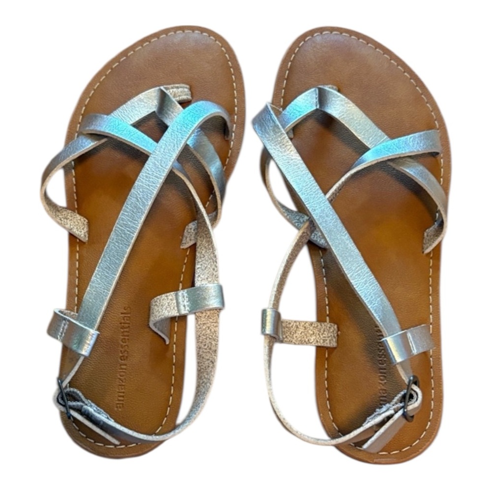 NWOB Amazon Essentials Silver Metallic Sandals with Tan Sole